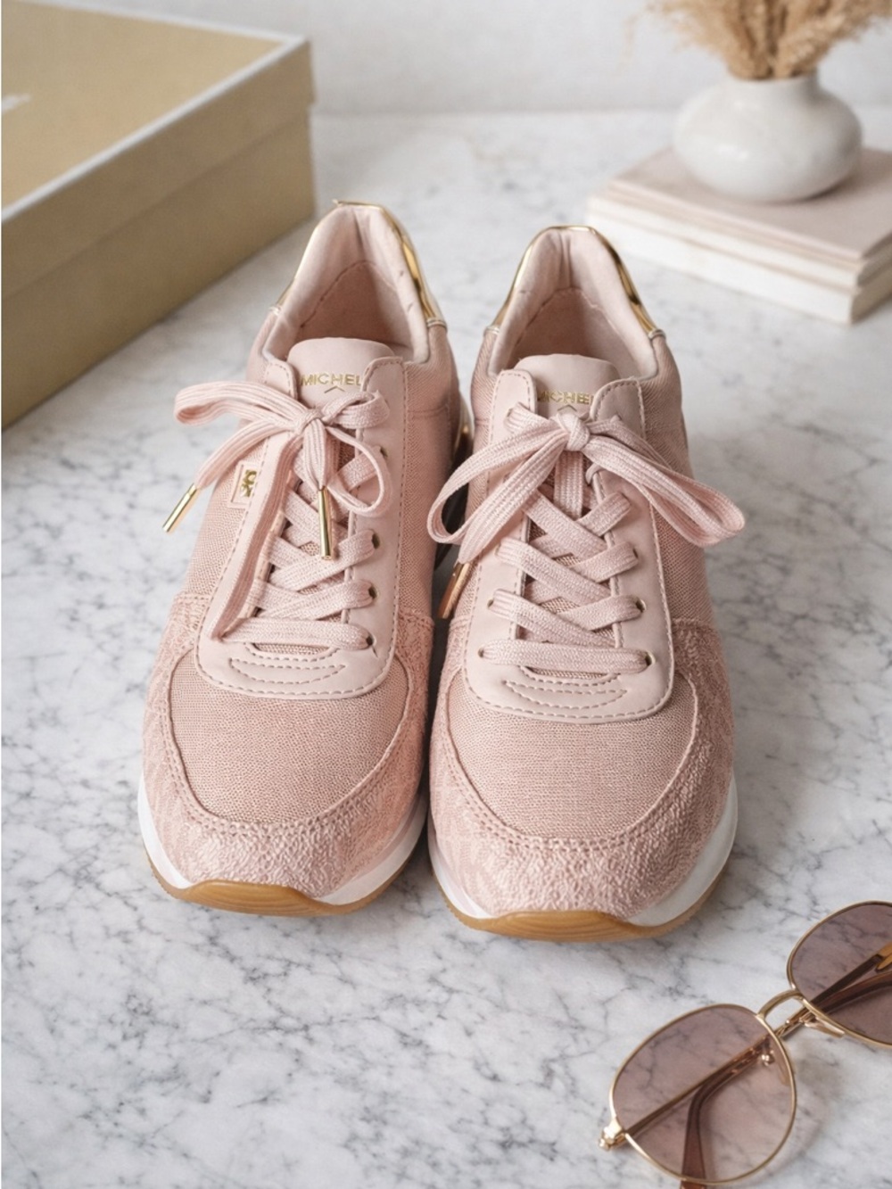 Michael Kors Monique Trainer Ballet Pink Sneakers Gold Trim NIB 6.5 - Picture 14 of 14